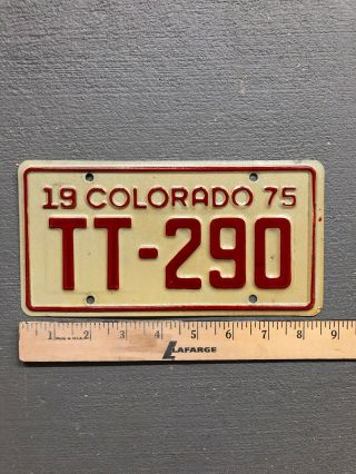 VINTAGE 1975 COLORADO MOTORCYCLE LICENSE PLATE WHITE/RED TT - 290 5