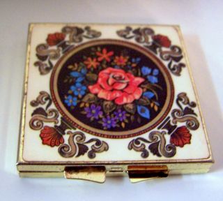 Vintage Gold Tone Metal Pill Box With Flowers Design - Made In Japan.