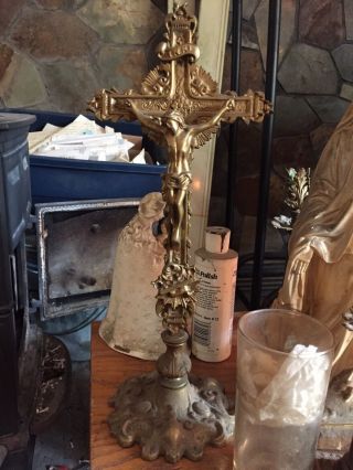 Vintage Ornate Heavy Metal Brass Gold Tone Crucifix Cross Home Church Approx 15”