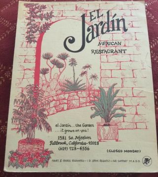 Vintage Menu El Jardin’ Restaurant Fallbrook California Mexican Food Enchilada