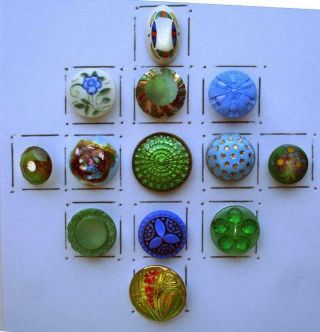 13 Antique & Vintage Glass Buttons / 1 Medium Popper