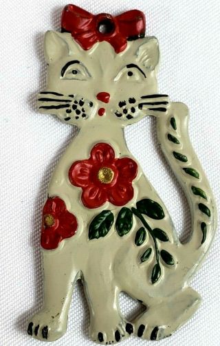 Vintage Kuhn Zinn Pewter Ornament Cat With Flowers Ribbon German Christmas