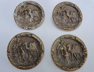 Antique Victorian Buttons Large Brass Egypt Egyptian Scene Camels Set X 4