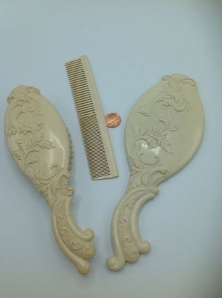 Vintage Celluloid Grooming Set,  Hand Mirror,  Brush,  Comb In Hinged Box 2