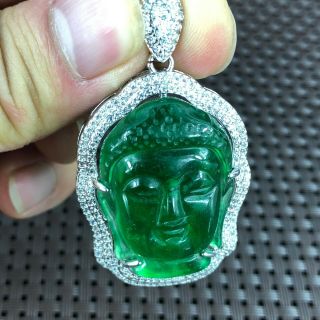 Chinese 925 Silver & Green Jadeite Jade Handwork Collectible Buddha Head Pendant