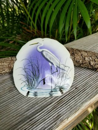 Hand Painted Blue Heron Wading In Water On Large Sand Dollar
