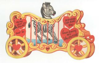 Vintage Mechanical Valentine 6 " X 9 " Greeting Card Zebra In Circus Wagon Mx2