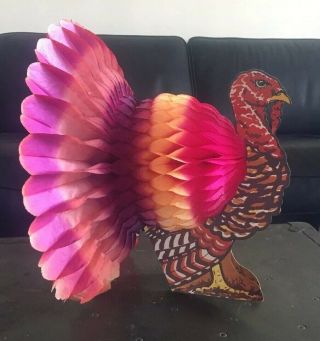 Vtg Denmark Turkey Madras Art Tissue Centerpiece Thanksgiving Honeycomb 17” Pink