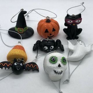 Midnight Market Halloween Ghost Bat Cat Hat Pumpkin Skull Mini 8pc Ornament Set