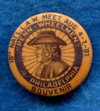 Rare 1897 Penn Wheelmen Celluloid Pinback Button Highwheel Bicycle Philadelphia