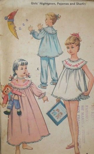 Vintage 50s Mccalls 2189 Girls Babydoll Nightgown Gown Pjs Pattern Size 8