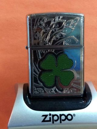 Good Luck Zippo Lighter - Graphic Four - Leaf Clover With Extra Graphics