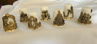 7 England Bone China Thimbles Christmas Nativity Tree Wise Men Bells Candles,