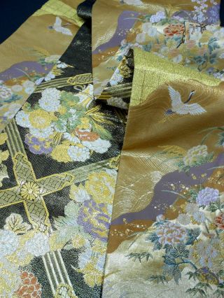 Japanese Kimono Silk Fukuro Obi,  Rokutu,  Gold & Silver,  Reversible L175 ".  743