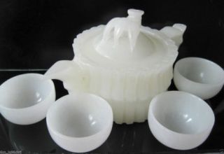 Chinese 100 Natural White Jade Hand - Carved Bamboo Teapot & 4 Cups