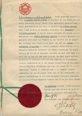 South Australia 1908 Notary Public Revenue Document
