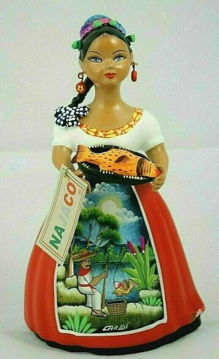 Lupita Najaco Ceramic Doll/figurine Mexican Folk Art Platter W Fish Decor Red