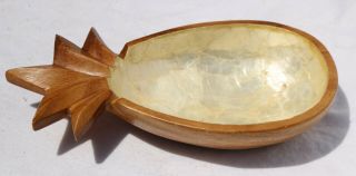 Vintage Wood & Capiz Shell Lined Pineapple Monkey Pod Candy Bowl Dish 5 " X 10 "