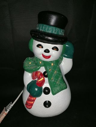 Cute Vintage Atlantic Mold 12” Ceramic Hand Painted Lighted Snowman With Cane