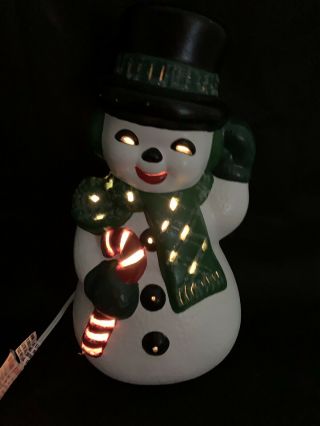 Cute Vintage Atlantic Mold 12” Ceramic Hand Painted Lighted Snowman With Cane 2