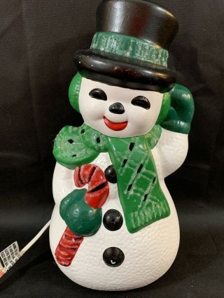 Cute Vintage Atlantic Mold 12” Ceramic Hand Painted Lighted Snowman With Cane 3
