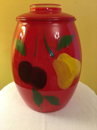 Vintage Bartlett Collins Glass Cookie Jar,  Red Gay Fad Hand Painted Fruit W/lid