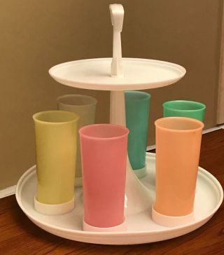 Vintage White Tupperware Carousel Caddy With 6 Pastel 16 Oz Tumblers - 2 Tiers
