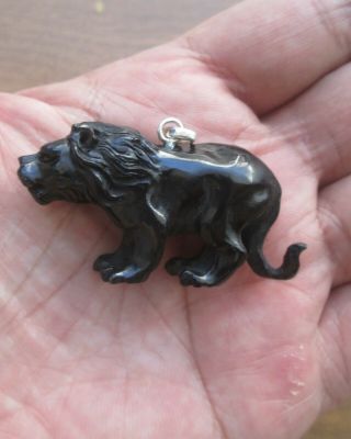 3 - D Black Lion In Buffalo Horn,  Carved Pendant W Sterling Silver Bale 020819