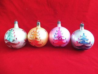 Set Of 4 Vintage Glass Ornaments From Poland Hand Painted With Christmas Trees