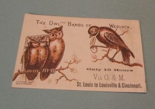 1882 O&m Ohio And Mississippi Railway Owl Bands Of Wedlock Victorian Trade Card