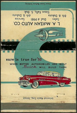 1952 Buick Car Dealer 40 - Strike Matchbook Cover From Sioux Falls South Dakota Sd