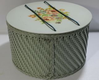 Vtg Harvey Wicker Wood Sewing Basket With Lid Flowers Moss Green Thread Holders