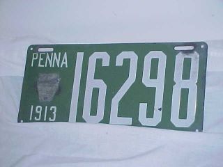 Antique 1913 Penna Pennsylvania Pa License Plate 16298 Brilliant Mfg Porcelain
