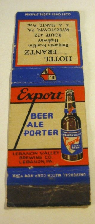 Vintage Lebanon Valley Beer - Brewing Co Matchbook Cover Lebanon Pa Hotel Frantz