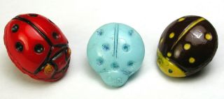 3 Vintage Glass Buttons Realistic Lady Bug Designs W/ Paint Accents 7/16 To 1/2 "