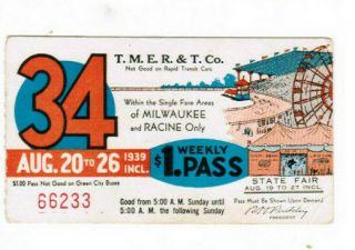 Milwaukee Railway Transit Ticket Pass August 20 - 26 1939 Wisconsin State Fair