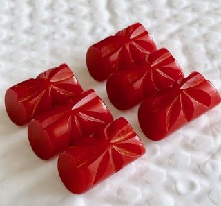 Six Cherry Red Carved Chunky Bakelite Buttons