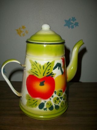 Vintage Fruit Design Enamelware Enamel Teapot/coffee Pot Rare