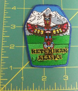 Ketchikan Alaska With Totem Pole & Mountains,  Iron On Style Embroidered Patch