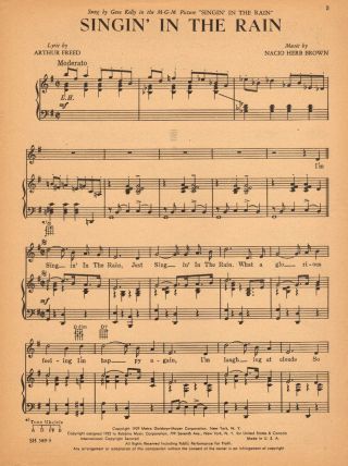 SINGIN ' IN THE RAIN Music Sheet - 1932 - DEBBIE REYNOLDS/GENE KELLY/DONALD O ' CONNOR 2