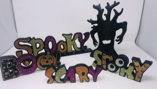 Halloween Spooky Boo Scary Sparkle Wood Shelf Sitters Black Tree Candle Holder