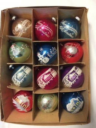 Box Of 12 Vintage 1950 " S Glass Christmas Tree 3 " Balls Embellished Ornaments