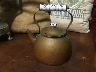 Vintage Copper Tea Kettle,  Porcelain Handle Delft Blue Stove Top Kettle/jug