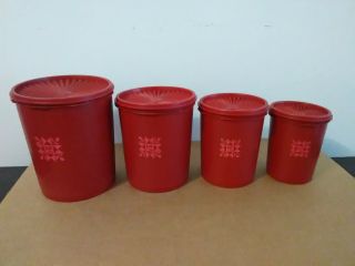 Set Of 4 Red Quilt Tulip Tupperware Nesting Canisters W/lids
