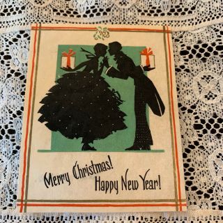 Vintage Greeting Card Victorian Christmas Art Deco Couple Gifts Silhouette