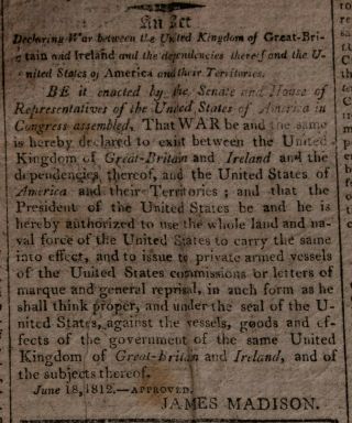 Columbian Centinel - War Of 1812 Declaration James Madison Boston Ma June 24