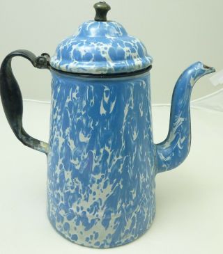 Antique Graniteware Gooseneck Tea Coffee Pot Blue White Swirl Flip Over Lid 10 "