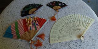 4 Antique Estate Hand Held Fans Celluloid Wood & Paper Made In Japan