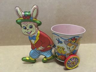 Vintage Ohio Art Tin Easter Bunny Rabbit Pulling Wagon / Candy Container