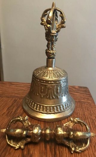 Brass Tibetan Buddhist Hand Prayer Bell Ghanta And Vajra Dorje Set